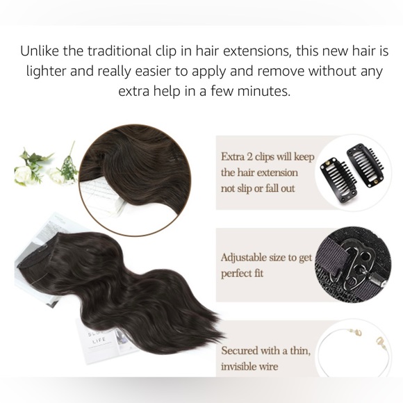 20” Invisible Hair Extensions Long Wavy Hair Extensions Dark Brown Synthetic - Picture 8 of 10